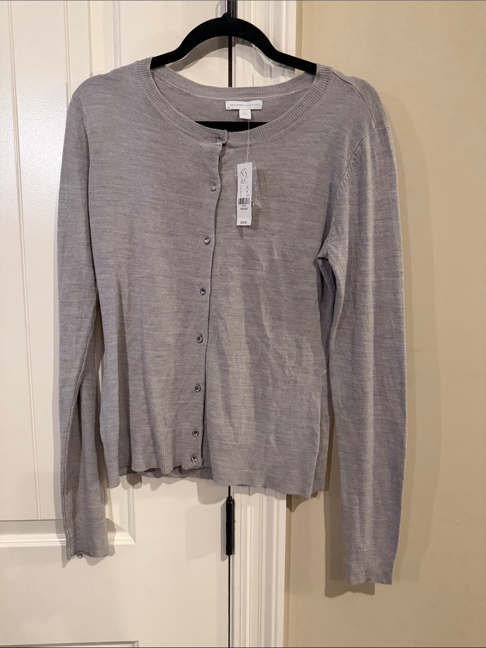 New York & Company Light Gray Button-Front Cardigan
